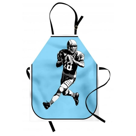 Sports Apron American Football League Game Rugby Player Run Original Retro Illustration, Unisex Kitchen Bib Apron with Adjustable Neck for Cooking Baking Gardening, Blue Black White, by