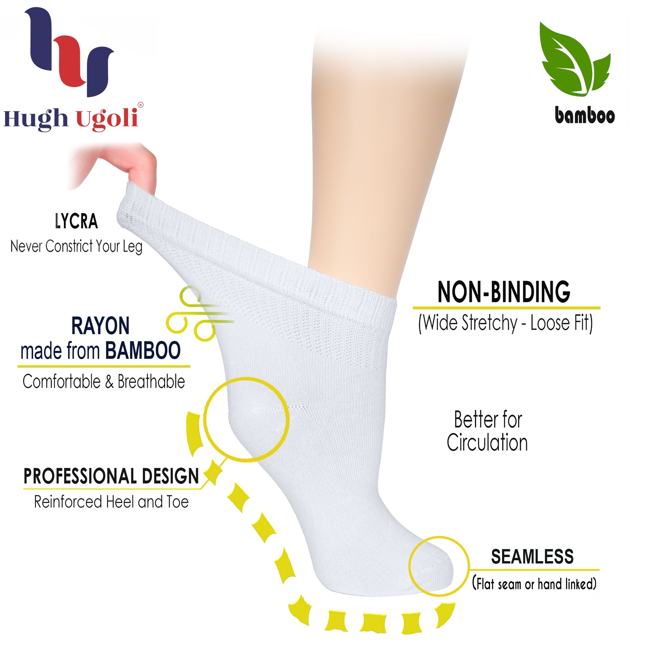 Hugh Ugoli Women's Bamboo Ankle Socks, Soft, Seamless Toe, Wide Stretchy, 3 Pairs, Black, Size: 10-12