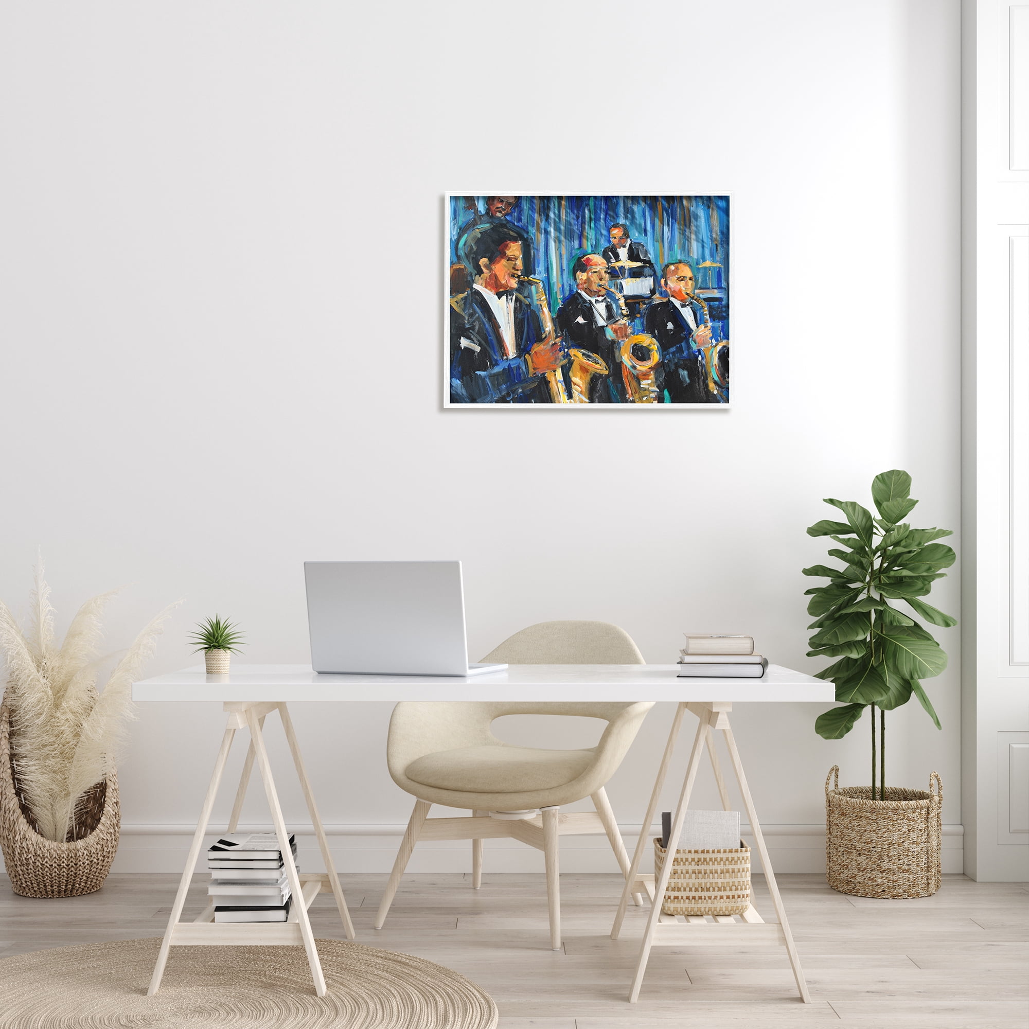 Stupell Industries Contemporary Saxophone Jazz Ensemble Expressive Musicians Beauty & Fashion Painting White Framed Art Print Wall Art, 24 x 30