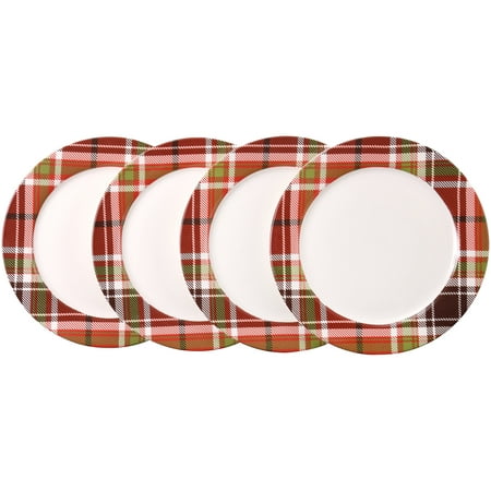 Mainstays Plaid Microwave & Dishwasher Safe Ceramic Dinner Plate Set, 4