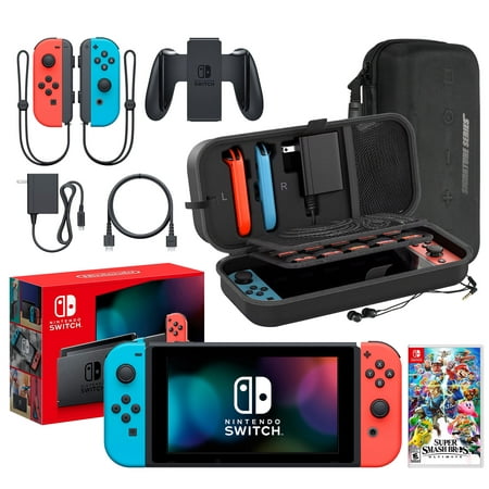 Nintendo Switch Neon Blue/Red with Super Smash Bros Ultimate Bundle | Includes Extra Joy-Con (Red/Blue), Dock, Joy-Con Grips and Straps | With Signature Series Portable Case and Earphones