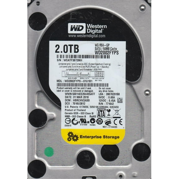 WD2002FYPS-01U1B1, DCM HBRCHV2ABB, Western Digital 2TB SATA 3.5 Hard Drive
