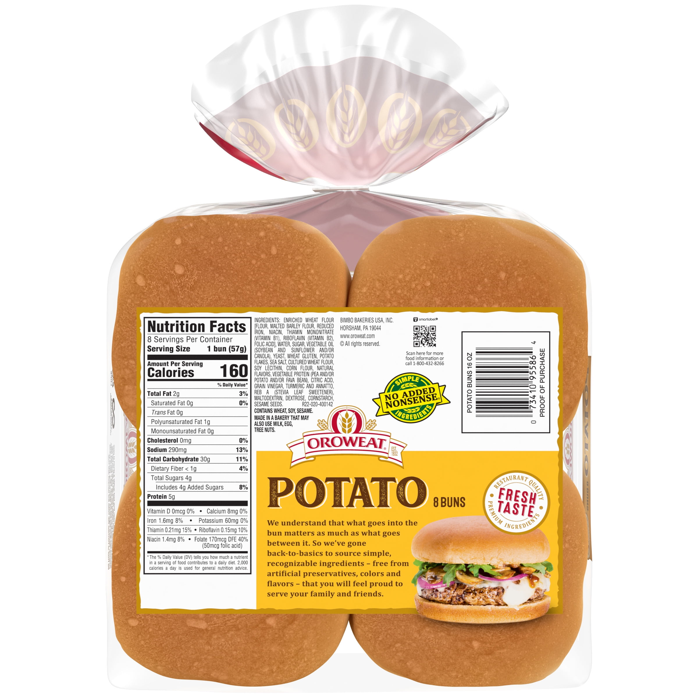 Oroweat Country Potato Sandwich Buns, Burger Size, 8 Buns, 16 oz