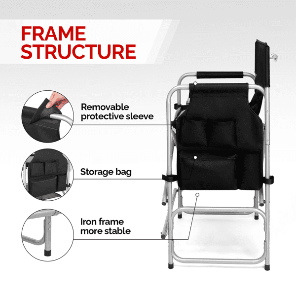 Folding Director Chair with Side Table & Storage Pockets, 41"x23.6"x26.4" Heavy Duty Spray-Coated Metal Frame Makeup Artist Chair, Supports 300 LBS, Black Oxford Fabric, No Carry Bag