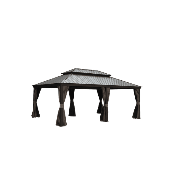 Miekor Furniture 14x20FT Hardtop Gazebo, Permanent Metal Gazebo with Galvanized Steel Double Roof and Aluminum Frame, Curtain and Netting, Large Pavilion Gazebo for Patio Deck Garden 0098