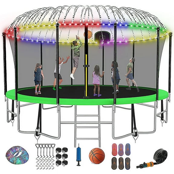 FIZITI 16FT Trampoline with Basketball Hoop, Enclosure Net, Light, Sprinkler, Socks, 2000LBS Outdoor Heavy Duty Round Trampoline for 6-8 Kids Adults