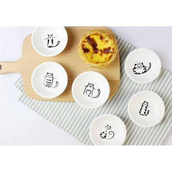 Super Cute Cat Ceramic Sauce Dish,Mini Side Seasoning Dish,Condiment Dishes,Sushi Soy Dipping Bowl,Snack Serving Dishes,Meow Porcelain Small Saucer Set(Set of 6)