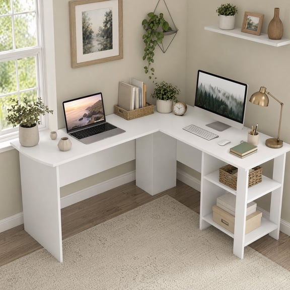 51" L Shape Desk with 2 Storage Shelves, Computer Desk Study Writing Desk for Home Office,White