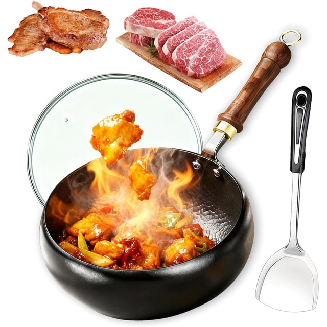 Uncoated Thick Iron Pot, Japanese Iron Pan for Cooking, Hand-Forged Non-stick Cast Iron Skillet, High Purity Frying Pans for Kitchen, for Induction Cookers and Gas Stoves
