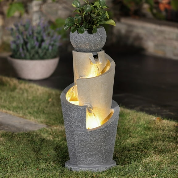 LuxenHome 27 Inch Gray Resin Cascading Spiral Outdoor Water Fountain with Lights