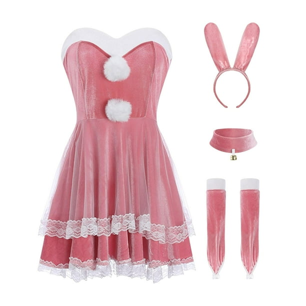 Bunny Costume Set Cosplay Piece W / Bunny Ears Bunny Suit para adultos Navidad Rosado Zulema Disfraz de conejita