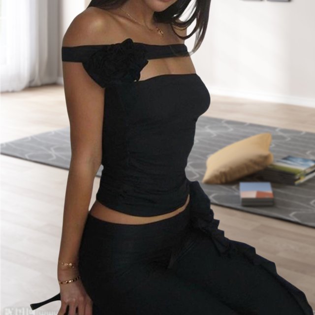 Camiseta Sin Tirantes 3D Flower Crop Tube Tops European Slim Fit Top Tee Ropa de verano (Negro M) Cgtredaw Para estrenar