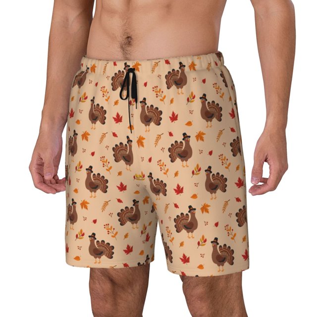 Bingfone Turkey And Autumn Leaves for Men's Double Layer Swimming Trunks with Lining, Drawstring Style with Pockets Beach Shorts Men's Swimsuit-X-Large