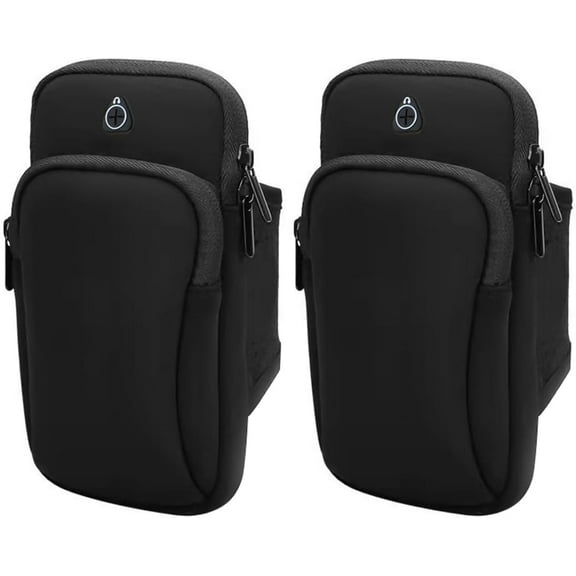 2 Pack Mobile Phone Armband Arm Bag, Sports Bag, Outdoor Sports, Running Arm Bag With Headphone Jack And Two Pockets For Running, Fitness (Black)
