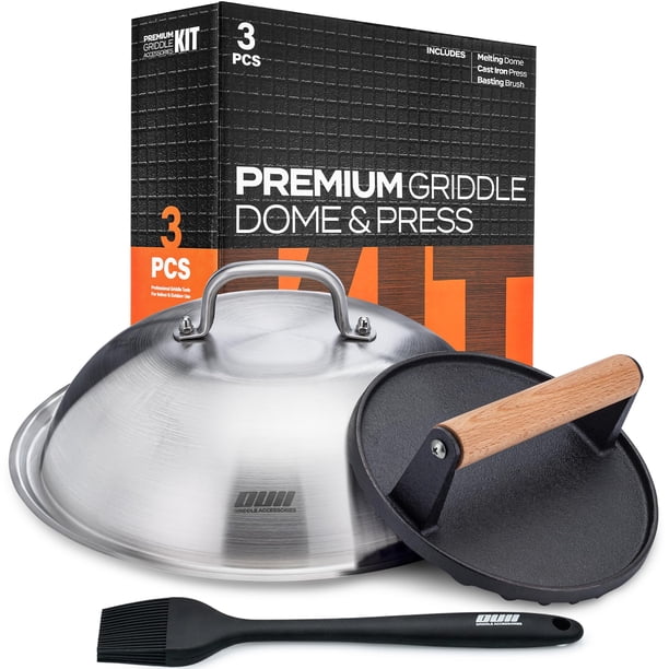 Ouii Juego De Accesorios Para Parrilla De Parte Superior Plana Para Blackstone Y Camp Chef – Prensa Redonda De Hierro Fundido Para Hamburguesas Y Tocino Con Cubierta Redonda Resistente De 12.0 In, Tap