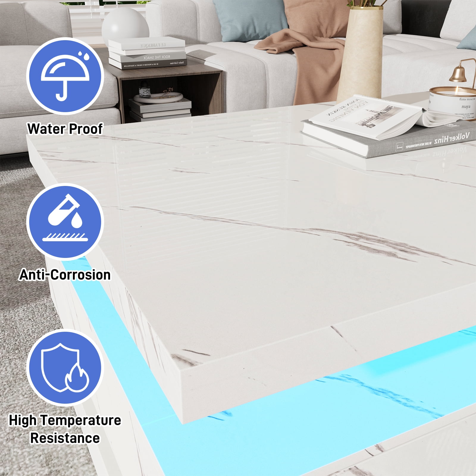 ChVans 47'' LED Coffee Table with 2 Storage Drawers, Modern High Gloss Black Coffee Table with Marbling Print, 3-Tier Rectangle Center Table for Living Room, APP Control