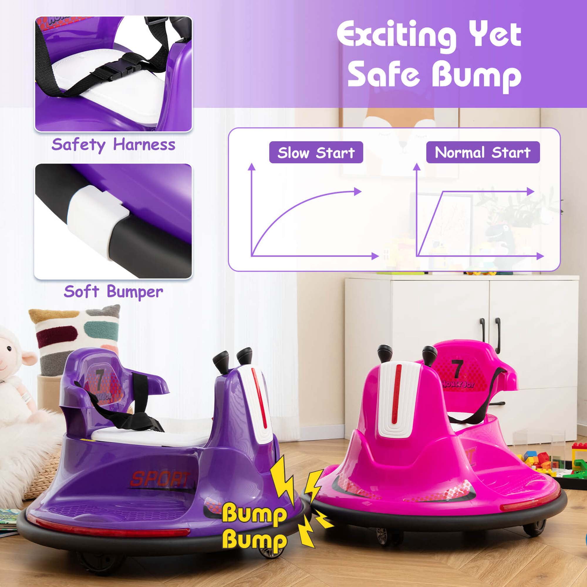 Costway 12V Bumper Car for Kids Toddlers Electric Ride On Car Vehicle with 360° Spin Purple