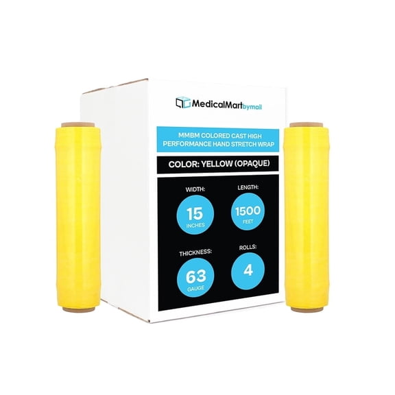 MMBM Yellow Opaque Stretch Wrap 15" x 1500' 4 Rolls 63 Gauge Hand Shrink Film for Pallet Wrapping and Moving