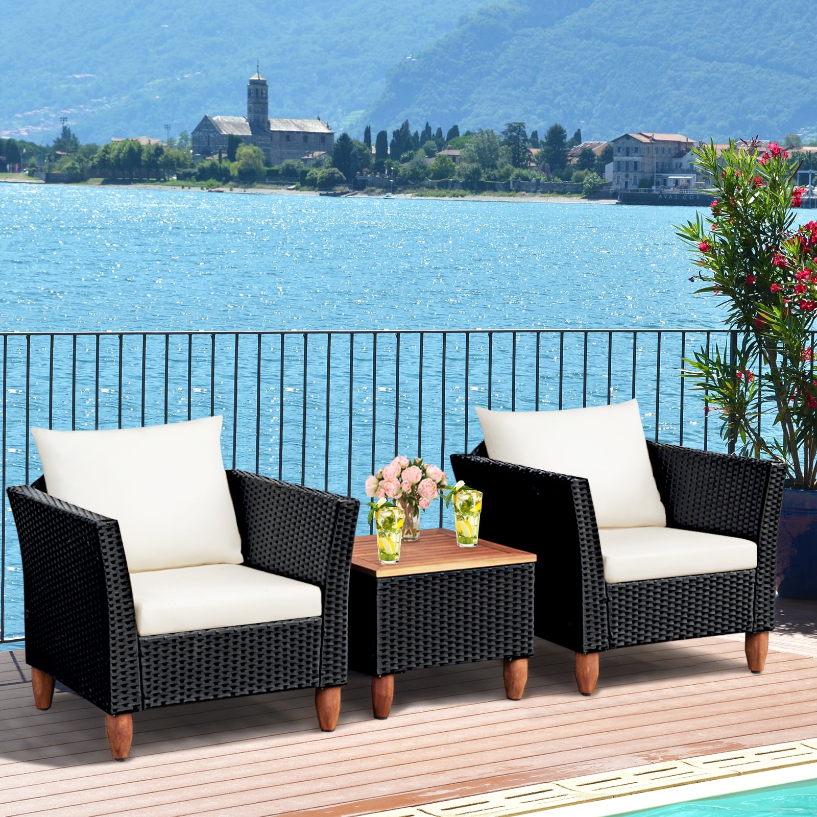 Patiojoy 3-Piece Wicker Patio Furniture Set Outdoor Conversation Set w/ Cushions & Coffee Table