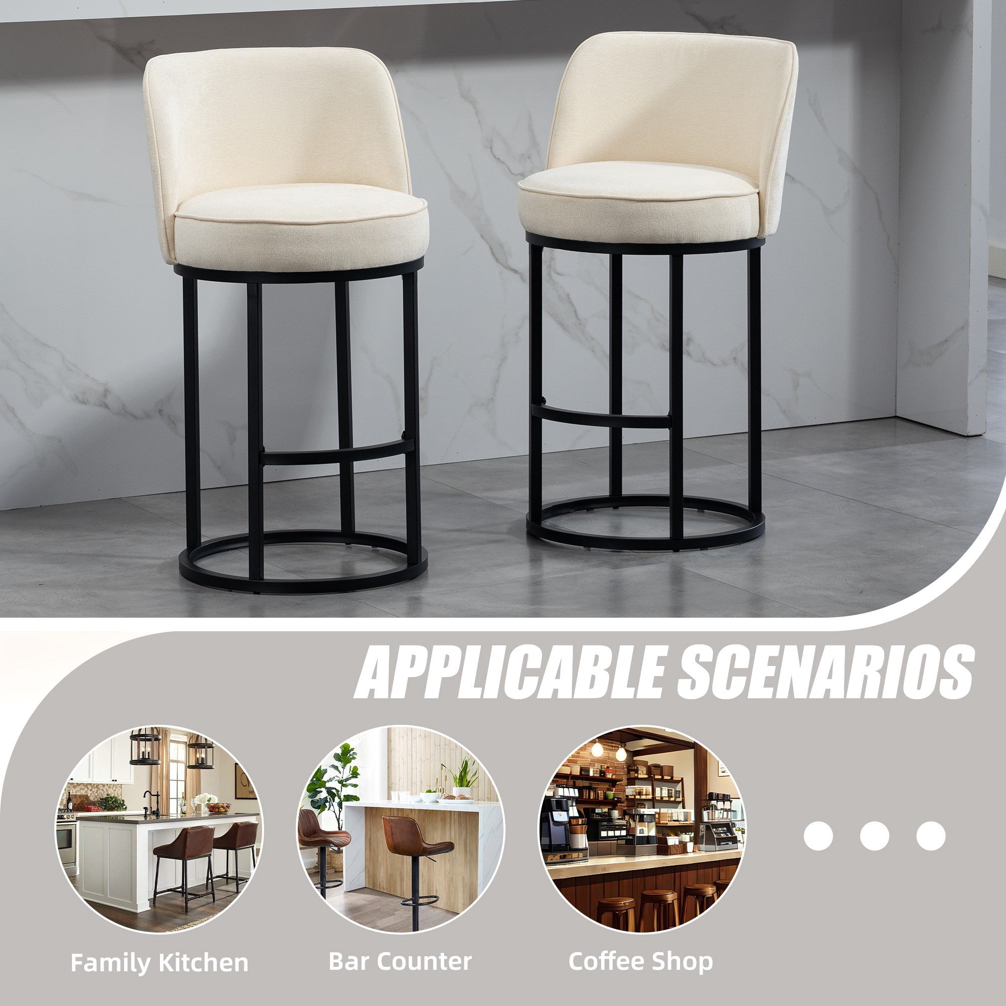 Sailvan Counter Height Bar Stools Set of 2,Modern Upholstered Linen Fabric Kitchen Island Stools with Barrel Backrest & Sturdy Metal Frame Beige