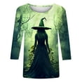 thumbnail image 5 of Riecok Womens 3/4 Sleeve T Shirts Crewneck Witch Printed Tunic Tops Holiday Party Clothes Green L, 5 of 5
