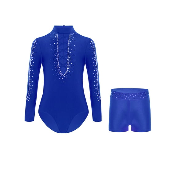 Haitryli Kids Boys Shiny Rhinestone Gymnastics Leotard Long Sleeve Dance Bodysuit Skating Jumpsuit & Shorts Set Blue 8