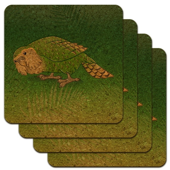 Kakapo the Flightless Owl Parrot Low Profile Novelty Cork Coaster Set
