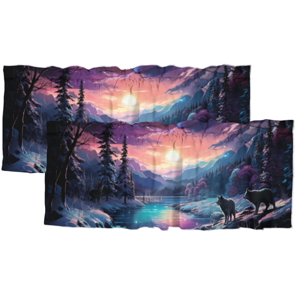 Wolf Printed Window Curtains Valances for Kitchen Magical Starry Night Moon Star Purple Misty Forest Privacy Decorative Rod Pocket Short Window Valance Curtains 54 by 18 in, 2 Panel