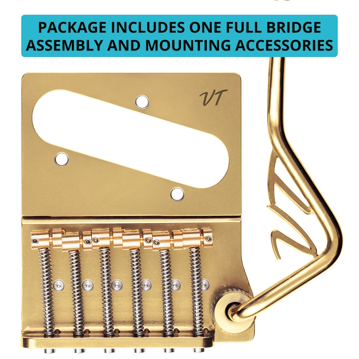 Vega-Trem VT2ND TeleTrem Modern Gold  No-Drill Tremolo for Telecaster-Style Guitars Modern 66 mm Layout, Patented 3-Pair Independent Brass Saddles, Tension-Adjustable