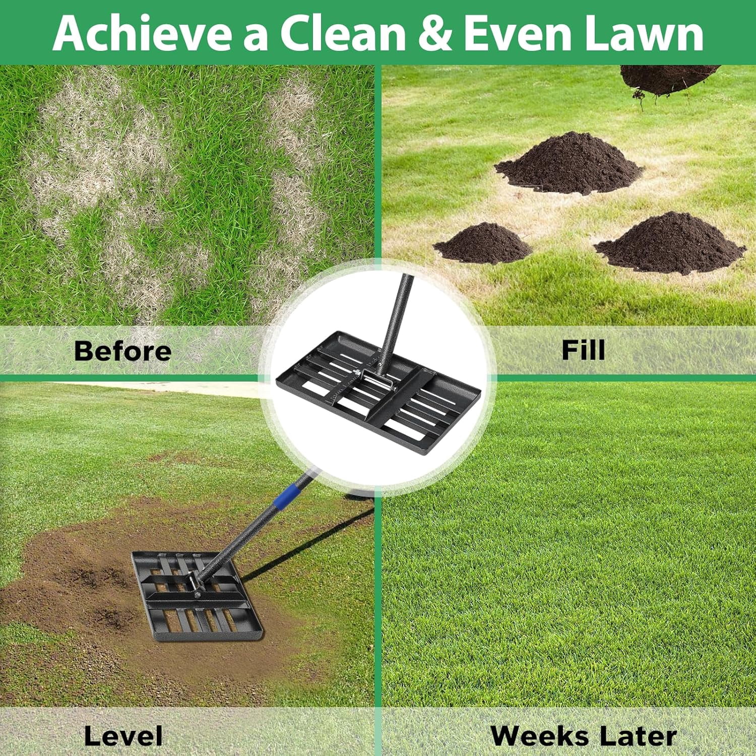 CHEASYOU Lawn Leveling Rake, 17"x10" Multi-Functional Heavy Duty Lawn Leveler Tool, 1" Diameter Adjustable Leveling Rake, 60" Size for Yard, Garden & Lawn