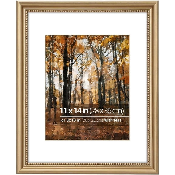 11x14 in Wood Classic Gallery Picture Frame, Ornate Beaded Inner, Matted for 8x10 Photo, Vertical or Horizontal Display, Glass Cover, Antique Champagne Brass