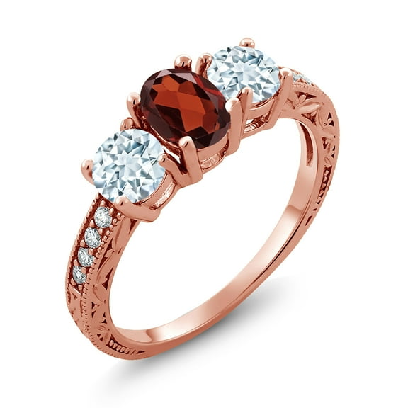Gem Stone King 1.99 Ct Oval Red Garnet Sky Blue Aquamarine 18K Rose Gold Plated Silver Moissanite Ring (Size 5)