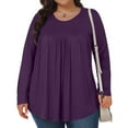 thumbnail image 2 of FRSASU Womens Plus Size Tops Pleated Crew Neck Puff Long Sleeve Blouse Casual Loose Tunic Shirts Purple, 2 of 7