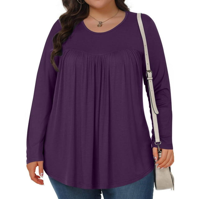 HongQid Hauts pour Femmes Grande Taille Col Rond T-Shirt Couleur Unie Manches Longues Tunique Plissée Décontractée