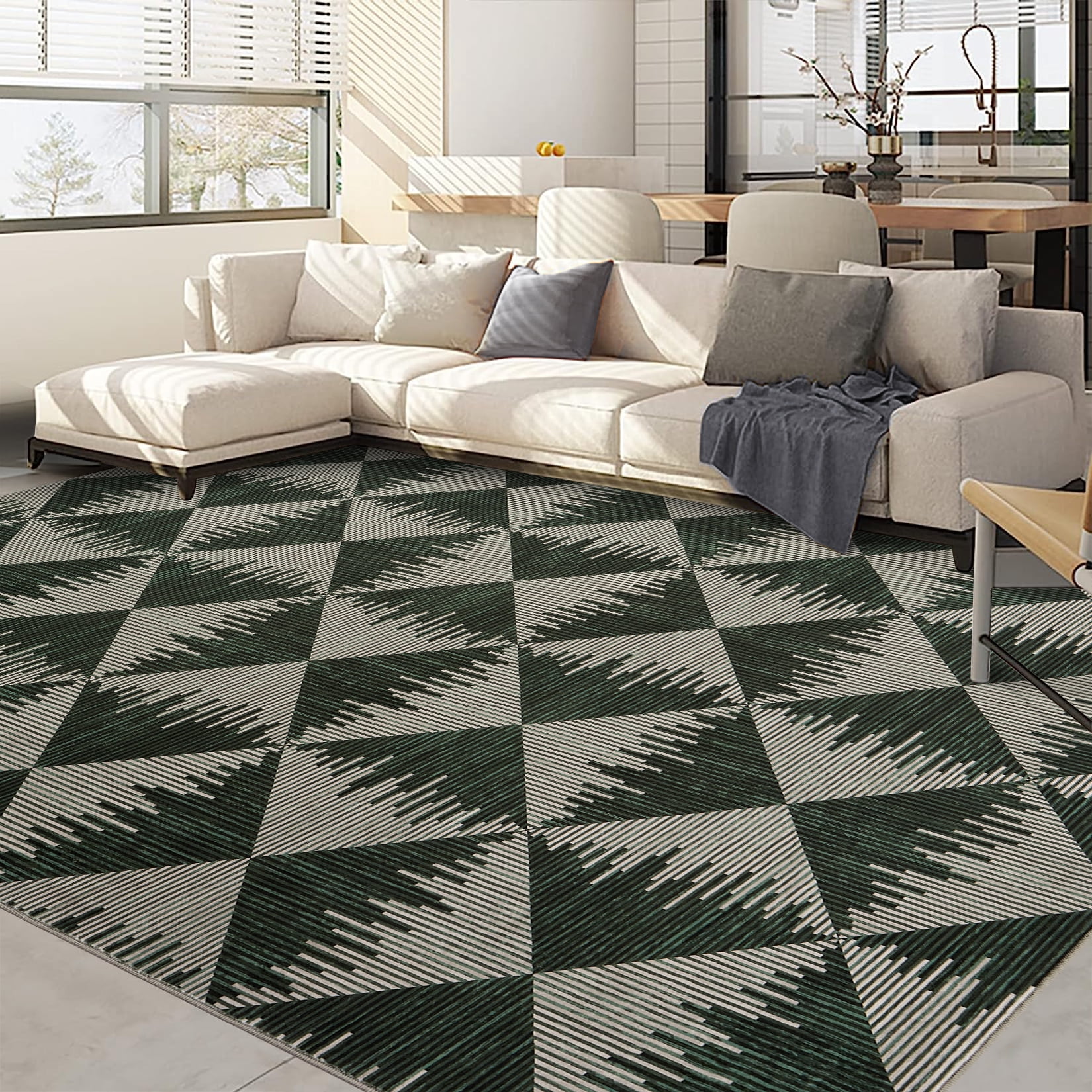 10x13 Washable Area Rugs for Living Room Non Slip Low Pile Modern Geometric Farmhouse Dining Room Carpets for Bedroom Dorm Green