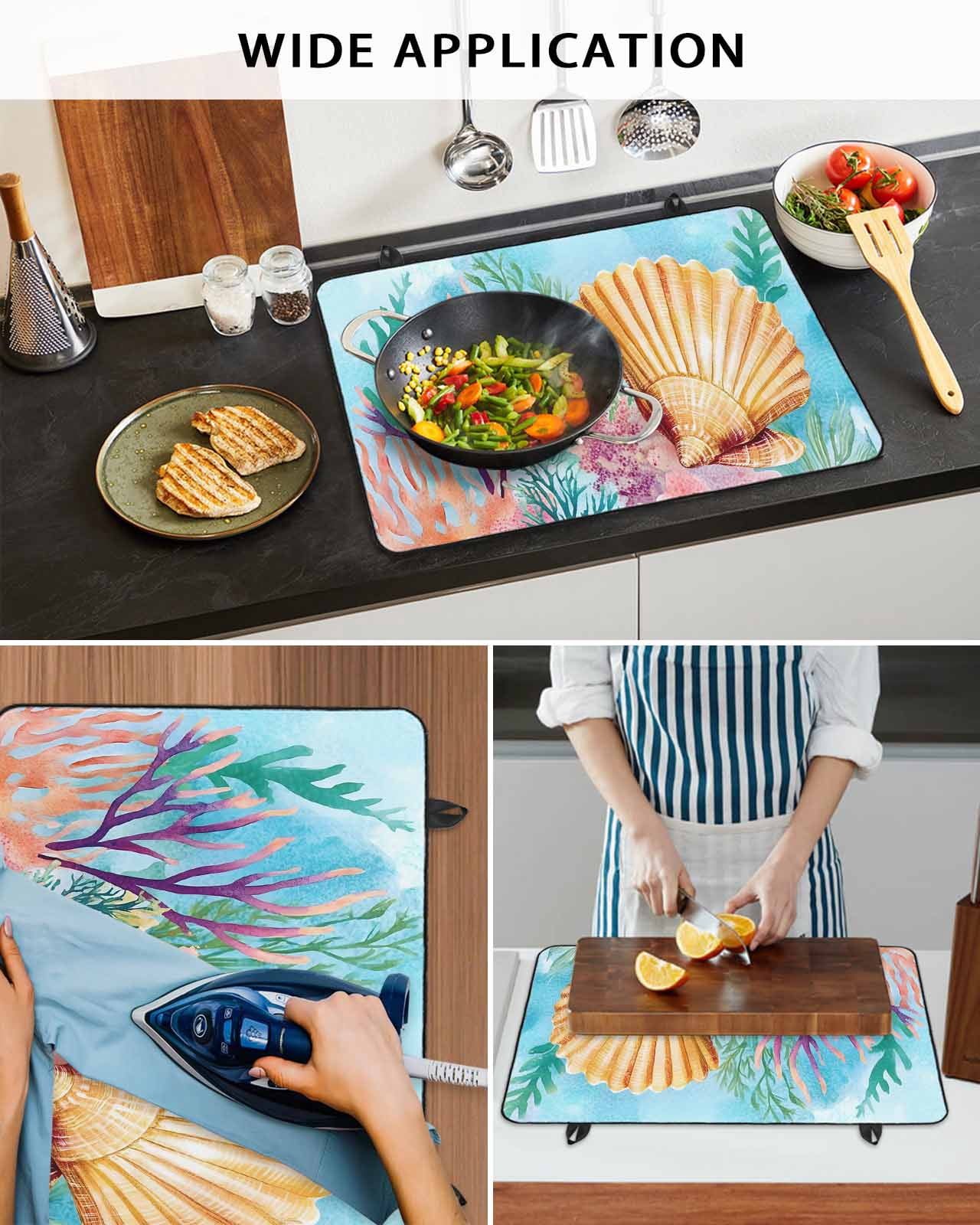 nqOlkjepod Large Induction Cooktop Protector Mat 24"x21", Summer Ocean Stove Top Covers for Electric Stove, Coastal Watercolor Shell Coral Decorative Stove Burner Cover Mats, Glass Top Stove Cover