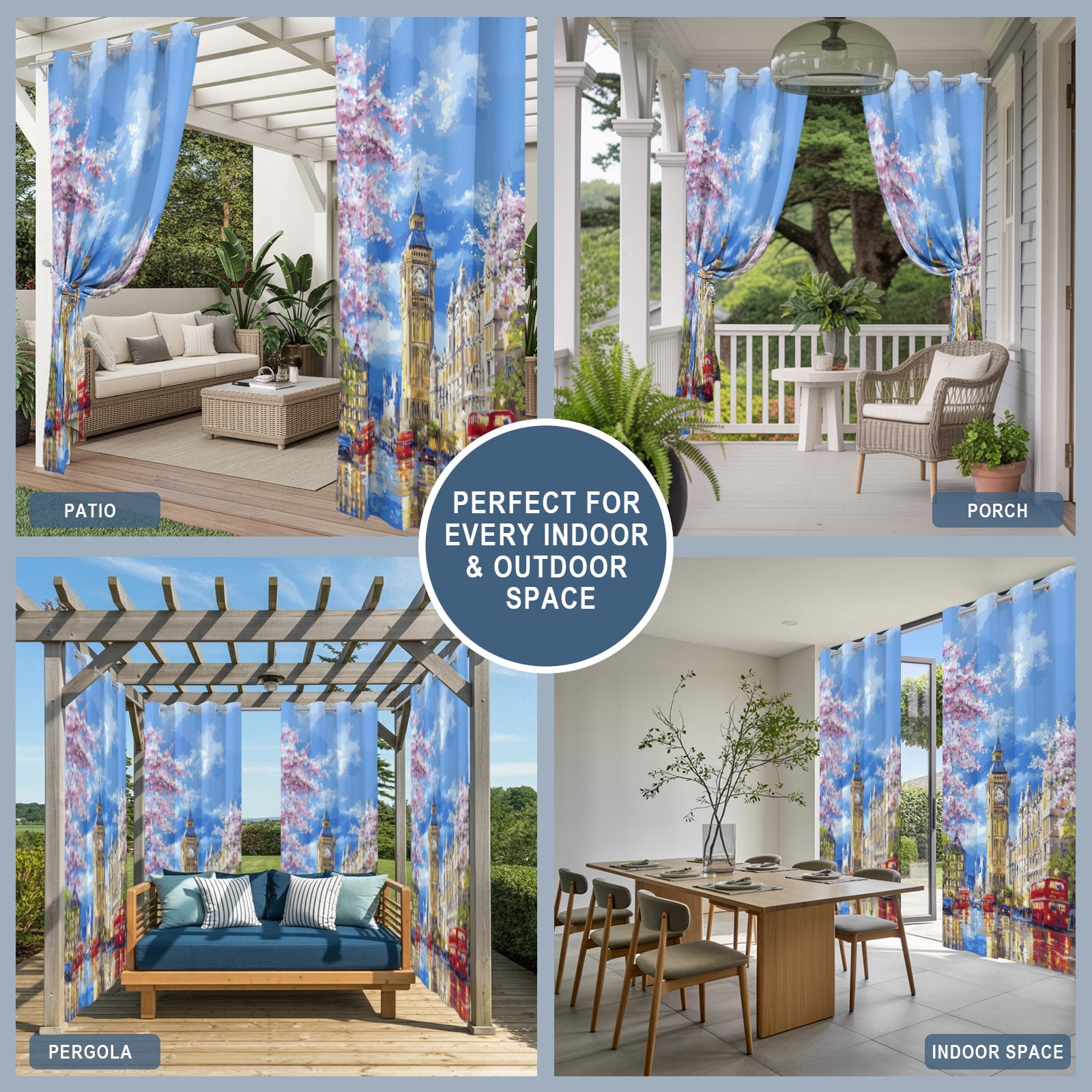 Big Ben Outdoor Curtains for Patio, Spring Cherry Blossoms Red Bus Impressionist Sunshade Privacy Drapes Grommet Waterproof Outside Curtains for Porch/Cabana/Balcony 54"x 108", 1 Panel