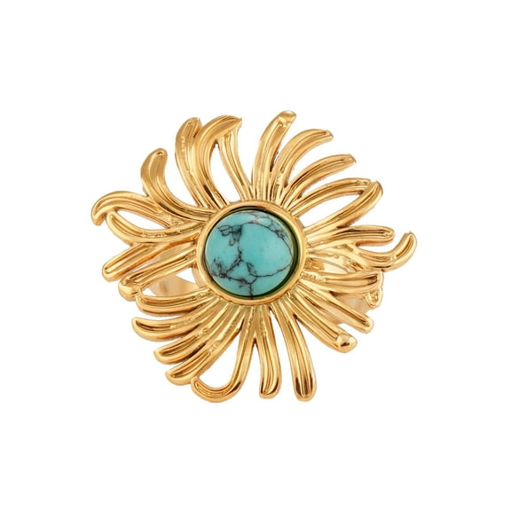 Bohemian Sun Turquoise Ring for Women, Stainless Steel Gold Tone with Natural Turquoise Stone, Adjustable Magic Talisman Meditation Cosmic Jewelry