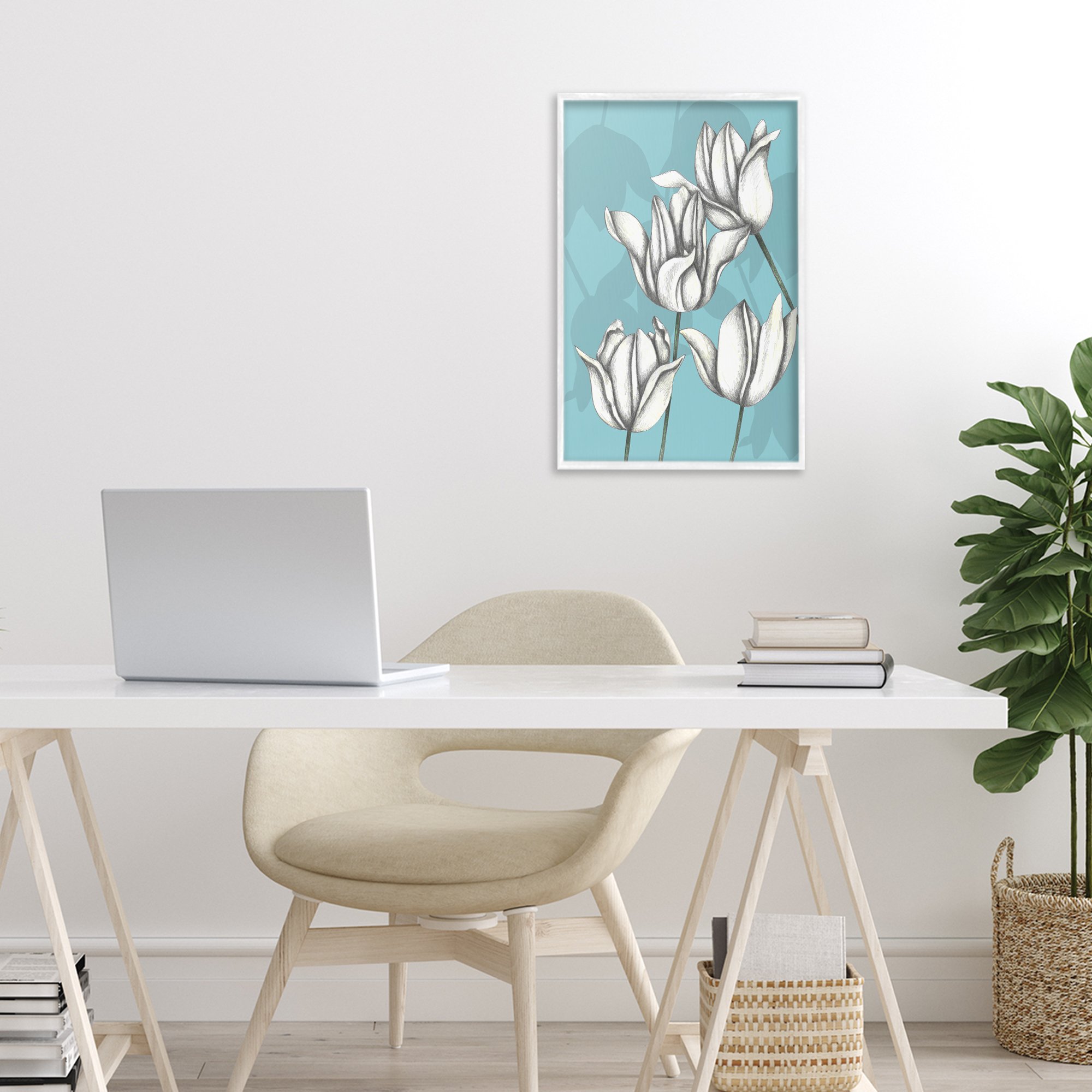 Sketched Tulips Keep Growing White Framed Giclee Art, design by Cecilia Battaini