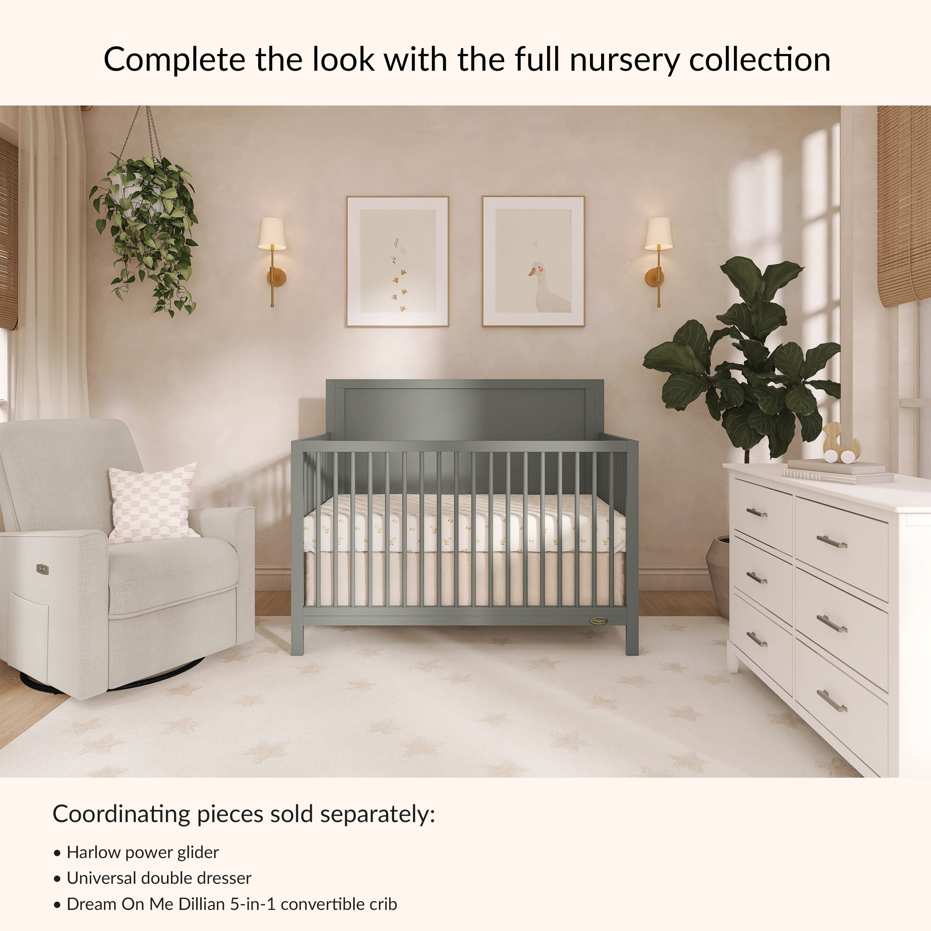 Dream On Me Dillian 5-in-1 Convertible Crib, JPMA & Greenguard Gold Certified, Crafted with New Zealand Pinewood, Seagrass