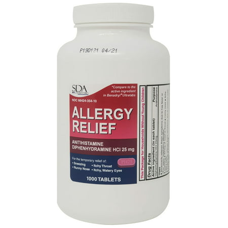 Allergy Relief Diphenhydramine HCl 25mg 1000 Tablets | Relief for Itchy-Watery Eyes, Sneezing, Runny Nose | Indoor & Outdoor (Best Outdoor Allergy Medicine)