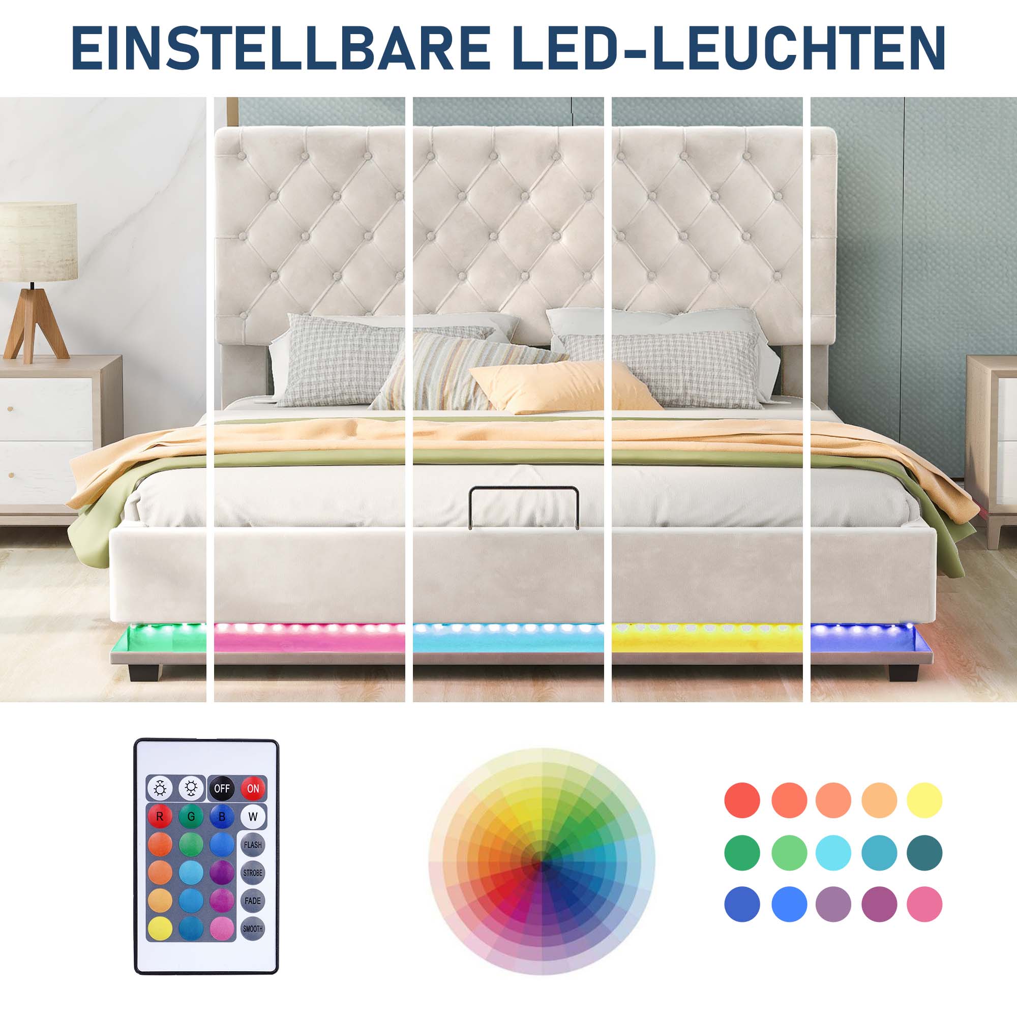 Aukfa Queen Upholstered Platform Bed with LED Light, Lift Up Storage Bed with Hydraulic Storage System - Beige