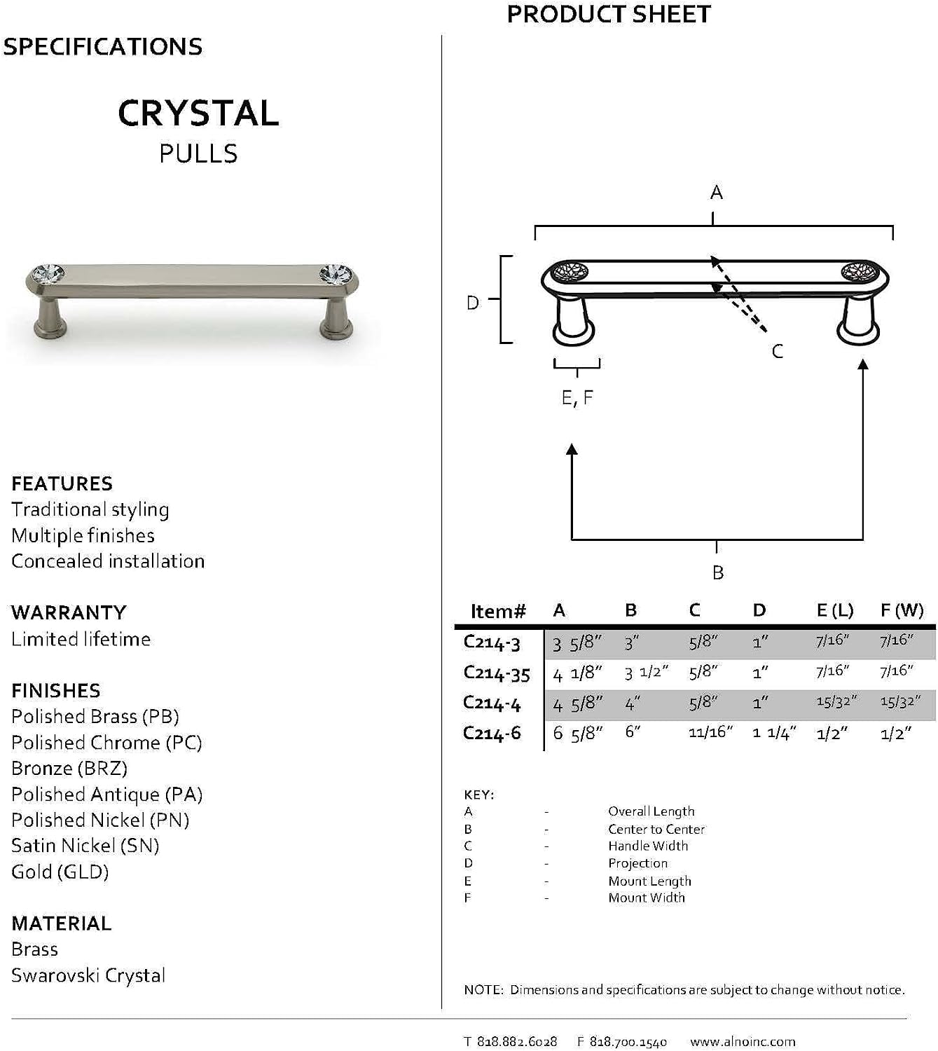 Alno C214-35-GLD Swarovski Crystal 3-1/2" Cabinet Crystal Pull Gold