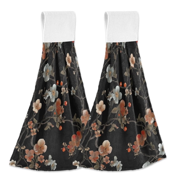 Yayeee Kitchen Hanging Hand Towels Set of 2 with Loop Bathroom Absorbent Tie Towel, Black Flowers