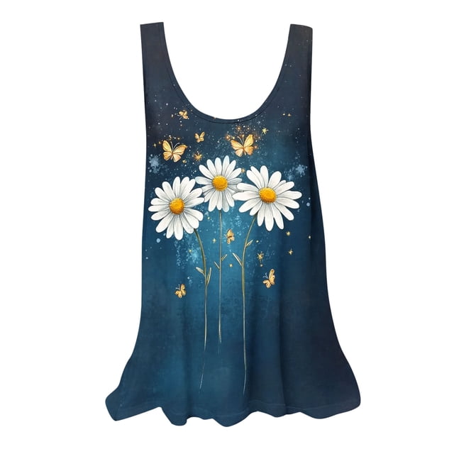 UPPADA Camisoles d'Été pour Femmes Col Rond Coupe Ample T-Shirts Décontractés Mode Sans Manches Vêtements de Plage Ourlet Fluide Chandails à Enfiler Hauts Plage Boho Vêtements Femmes Liquidation Bleu,P