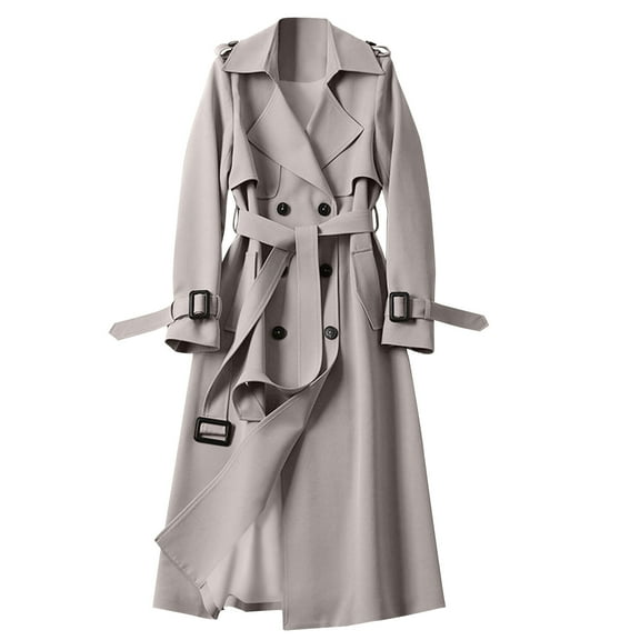 JGGSPWM Women's Double Breasted Long Trench Coat Belted Notch Lapel Overcoat Windproof Classic Outerwear Beige 3XL