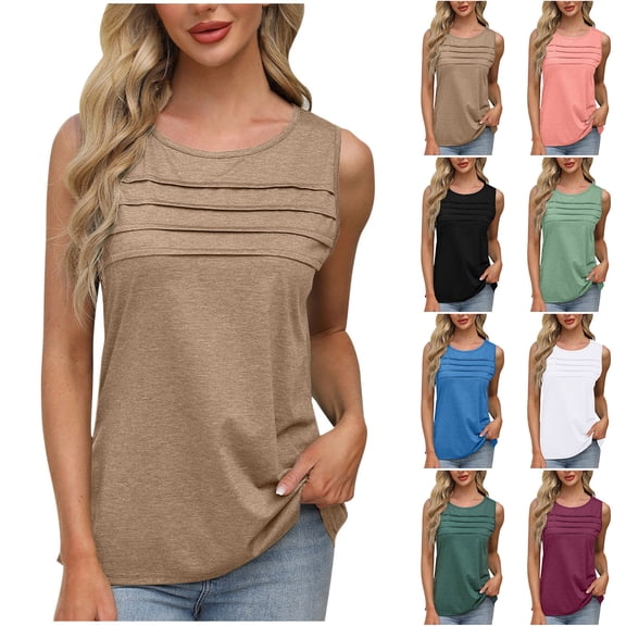 BiZtdJrK Pleated Front Tank Top for Women Sleeveless Blouses Scooped Neck Casual Loose Fit Summer Tanks Army Green S