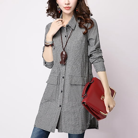 Women Plaid Shirt Long Sleeve Cardigan Casual Regular Fit Collar Long Button Down Shirts Lightweight Office Work Tops with Pocket Light Pink L