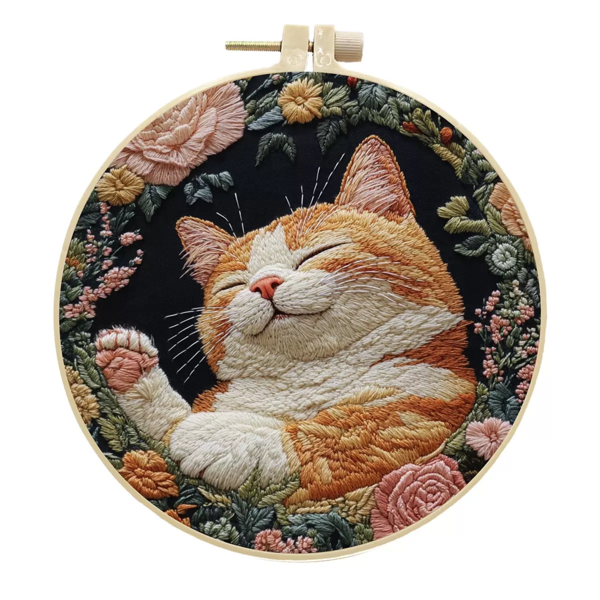 4 Pack Orange Cat Embroidery Kits for Adults Beginners Realistic Sleeping Tabby Floral Needlepoint DIY Hoop Art Craft Set