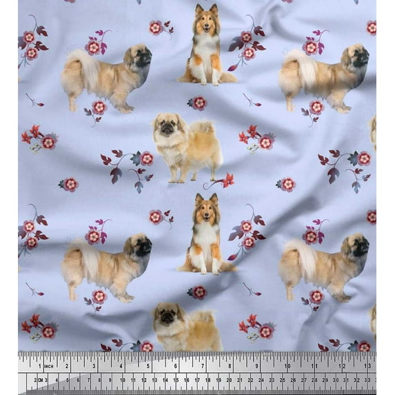Soimoi Polyester Crepe Fabric Floral,Sheltie & Pekingese Dog Print Fabric by Yard 42 Inch Wide
